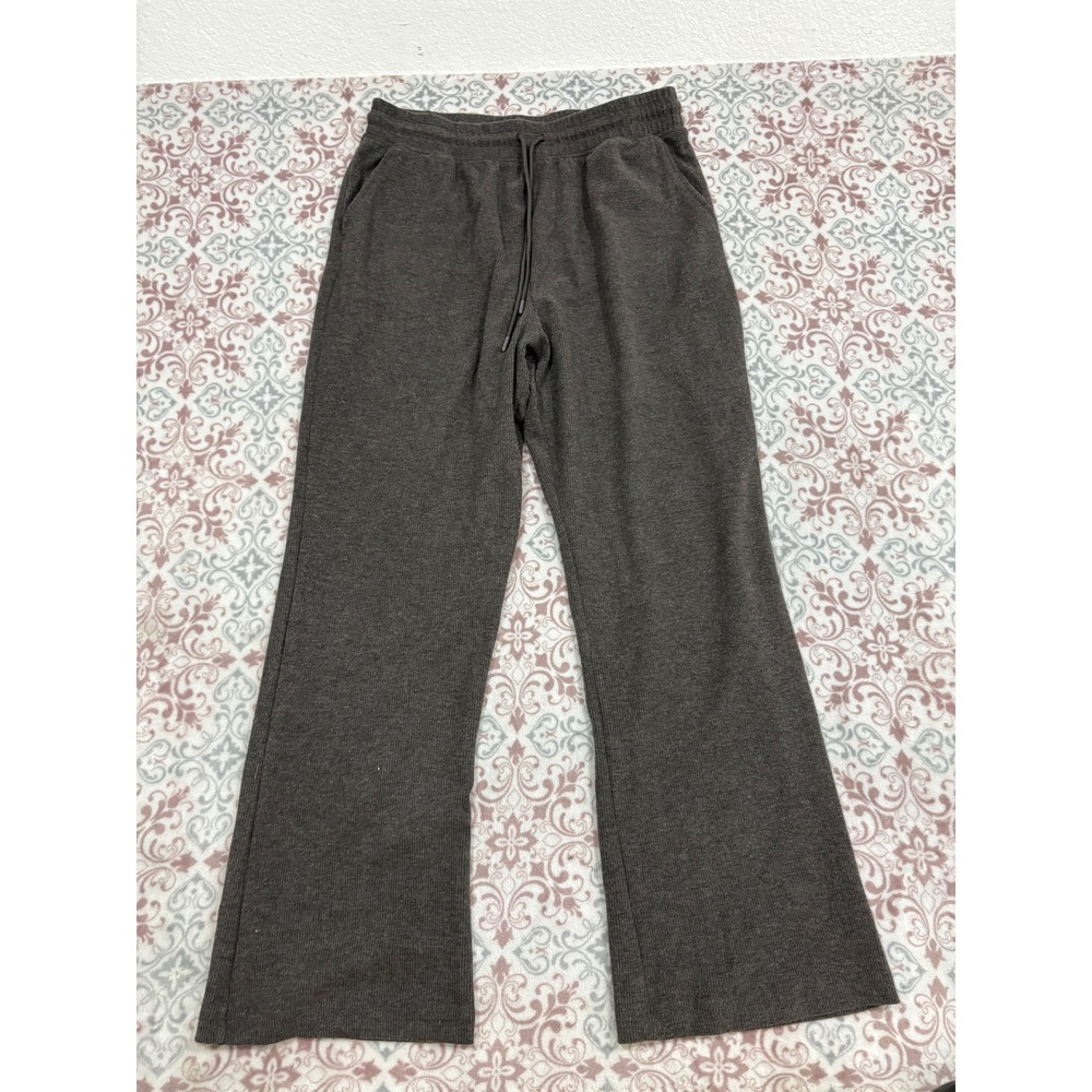 Jockey Womens Large Gray Ribbed Knit Drawstring Wide Leg Lounge Pants Pockets